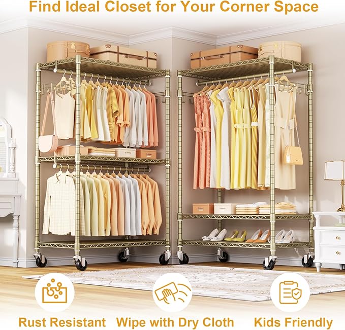 ULIFHOME P1 Rolling Clothes Rack, Portable Wardrobe Closet with Wheels, Heavy-Duty Closet Clothing Rack for Hanging Clothes, 35.5" W x 15.7" D x 80.5" H, Hold 500lbs, Gold