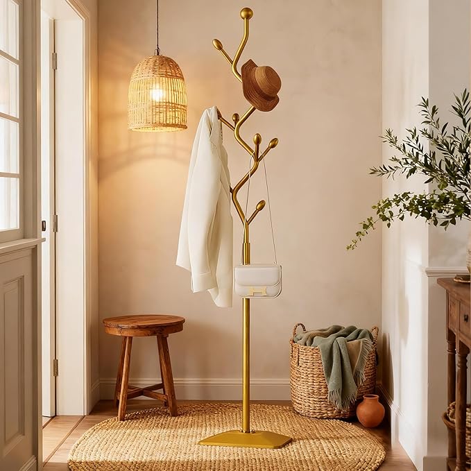 Coat Rack Freestanding gold Coat Tree with 8 Hooks, Creative Design Tree Branch-look, Standing Coat Rack Coat Hanger Stand with Stury cast iron Base for Entryway, Hallway, Bedroom (gold)