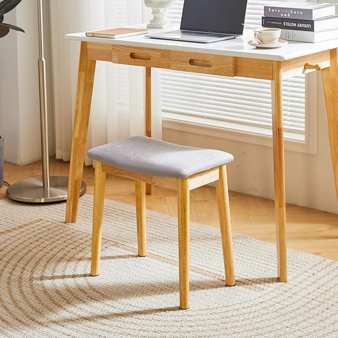IBUYKE Saddle Cushion Vanity Stool Chair, Foot Rest Stool with Solid Wood Legs, Modern Vanity Bench Ottoman for Piano, Upholstered Seat for Bedroom, Entryway, Wooden Legs&Light Gray WBD007NG