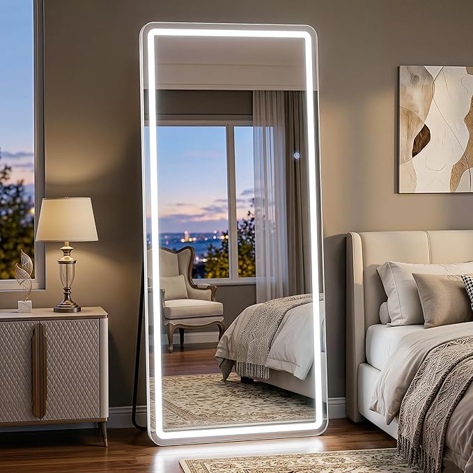 76"x34" Full Length Mirror with LED Lights, Dimmable Lighted Floor Mirror with 3 Color Lighting & Touch Control, Standing Wall Mounted Full Body Mirror, Tempered Glass for Bedroom, White