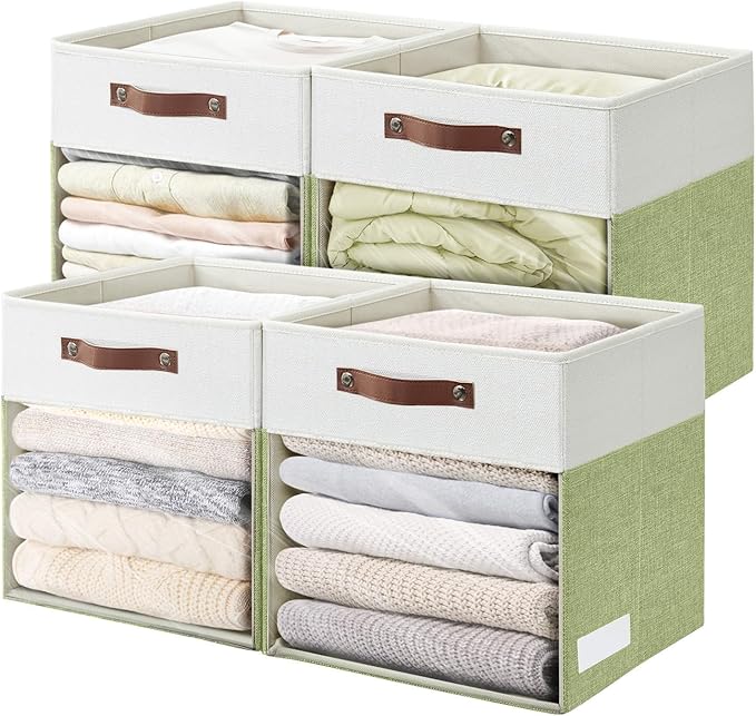 Bagnizer Storage Cubes, 4 Pack Linen Foldable Storage Bins with Clear Window and 2 Handles, 13x15x13 for Shelf Closet, Kallax, Clothes, Books - Green/Off-White