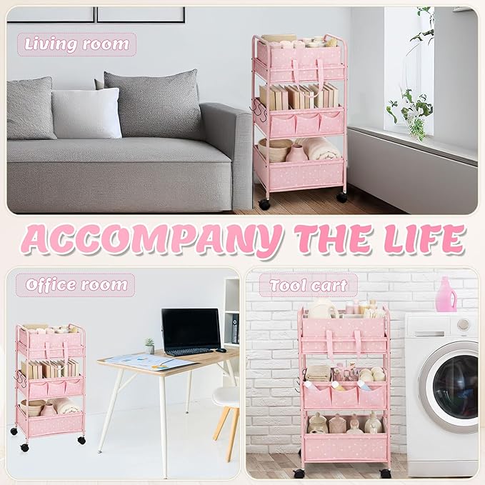Yookeer 2in1 Baby Diaper Caddy Organizer Cart 3 Tier Large Capacity Metal Utility Bedside Rolling Cart with Divider Newborn Registry Gift Nursery Essential Must Have Bedroom Baby Shower(Pink,Star)
