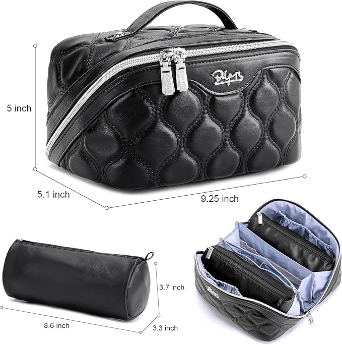 BOYATU Travel Makeup Bags for Women Cosmetic Bag: Puffy Make up Bags Set of 3 - Vegan Leather Makeup Organizer - Waterproof Large Toiletry Bag with Compartments - Travel Essentials (H-1-Black)