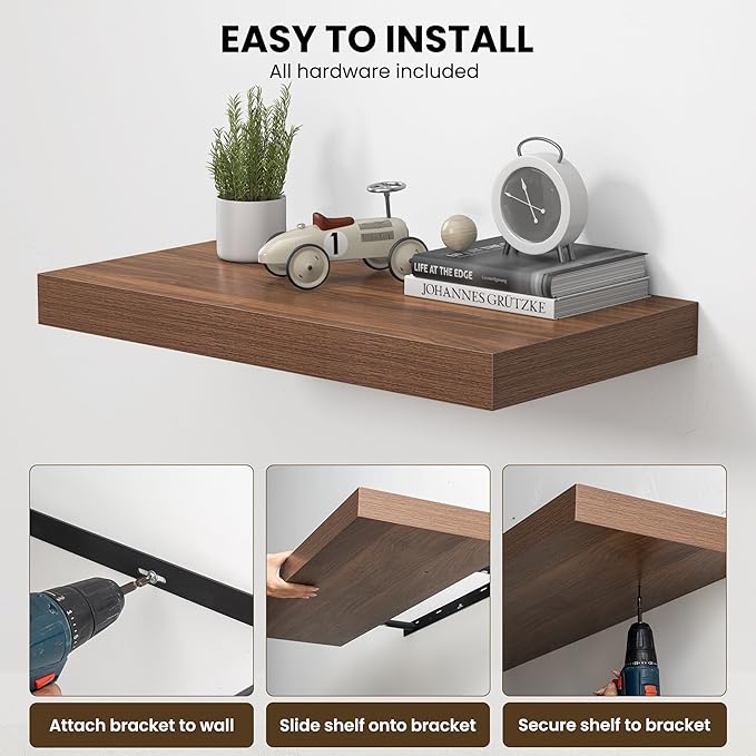 Dreamland 32" Floating Shelves for Wall, 12" Deep Thicker Walnut Floating Shelves, Wall-Mounted Shelves for Bedroom, Living Room, Kitchen, Bathroom - Set of 2