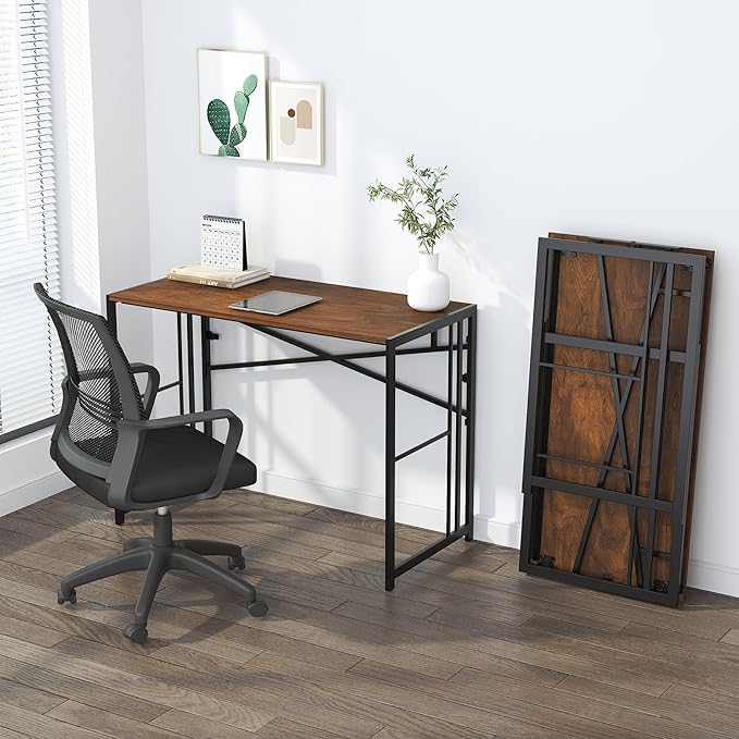 Lutown-Teen 35 inch Folding Small Desk, Writing Gaming Computer Camping Desk for Small Spaces, No Assembly Required Home Office Table, Mahogany
