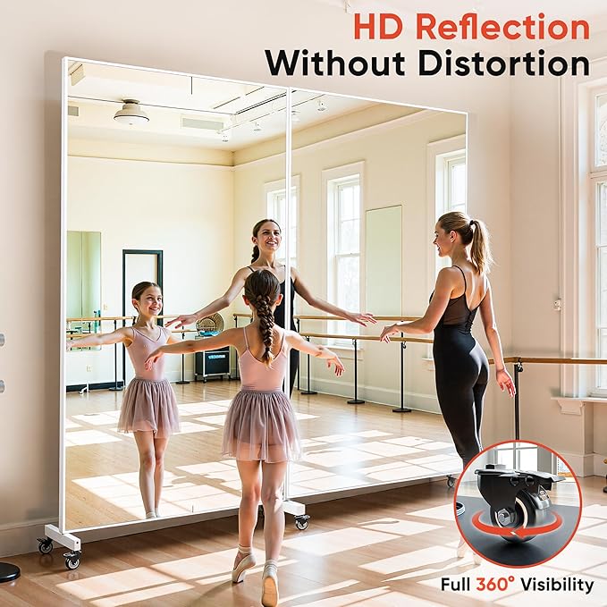 Suidia 82"x44" Extra Large Full Length Mirror on Wheels, 360° Swivel Rolling Mirror Floor, HD Tempered Glass Full Body Standing Mirrors for Home Gym, Yoga, Dance Studio, Bedroom, Rectangular, White