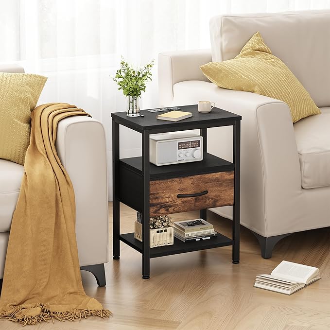 DUMOS Bedside Table with Charging Station and Adjustable Fabric Drawer Compact Nightstand 3-Tier Storage Organizer End Table for Bedroom,Black and Brown