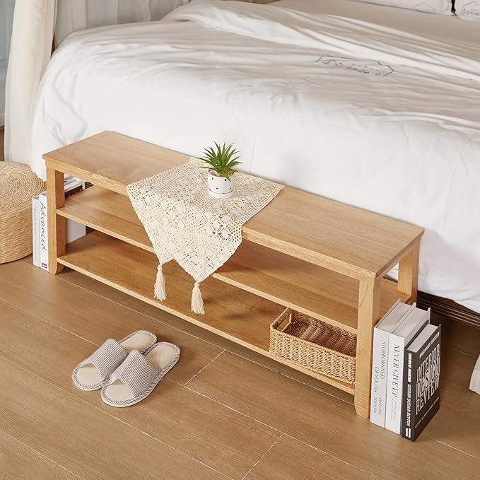 Shoe Rack Storage Bench, 2-Tier Solid Wood Heavy Duty Shoe Organizer Shelf for Entryway, Hallway, Mudroom, Living Room,Bedroom (Natural, 11.81"x 45.7"x 16.54")