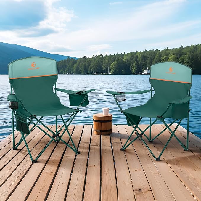 ALPHA CAMP Camping Chairs 350LBS Capacity, Heavy Duty Folding Chair with 4-Can Cooler Bag, Portable Outdoor Chair with Cup Holder for Adults, Collapsible for Tailgating, Beach, Fishing