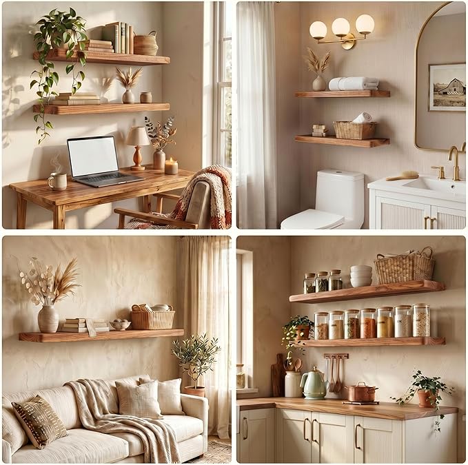 36 Inch Floating Shelves, Solid Wood Wall Shelves, 8 Inch Deep Floating Shelf – for Bathroom, Bedroom, Living Room, Kitchen, Home Decor & Storage, Heavy-Duty Wooden Shelf Wall-Mounted, Set of 2