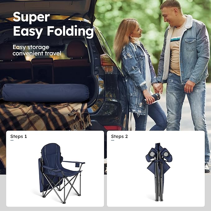 ALPHA CAMP Camping Chairs 350LBS Capacity, Heavy Duty Folding Chair with 4-Can Cooler Bag, Portable Outdoor Chair with Cup Holder for Adults, Collapsible for Tailgating, Beach, Fishing