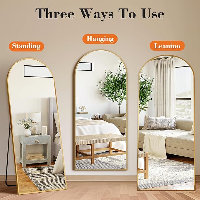 NEWBULIG 63.8"x20.8" Arched Full Length Mirror, Full Body Floor Mirror with Aluminum Alloy Thin Frame, Wall or Standing Mirror for Bedroom, Living Room, Dressing Room, Gold