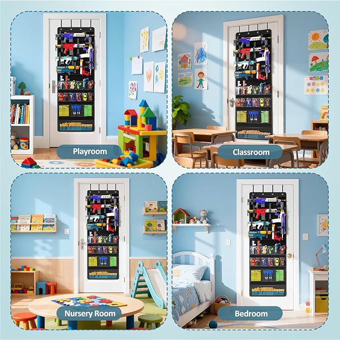 Over Door Toy Gun Storage, Hanging Organizer for Toy Guns, Hanging Toys Organizer with Pockets, Hook&Loop Straps for Foam Blasters, Darts, Goggle, Toys Storage Door Hanger for Kidroom, Gameroom, Black