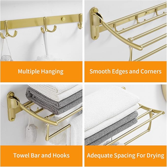 BESy 24 Inch Brushed Gold Towel Racks, Bathroom Towel Shelf with Foldable Towel Bar Holder and Towel Hooks, Wall Mounted Multifunctional Bathroom Accessories, Double Towel Bars