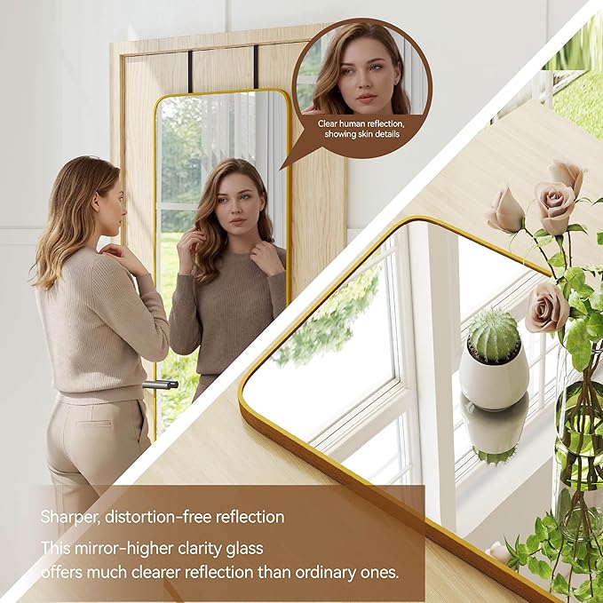 NARCISSUS 57x20 Mirror Door Hanging Full Length Body with Floor Stand or Wall Mounted Metal Aluminum Frame Tempered Glass Rectangle Mirrors for Bedroom Dressing Living Room Bathroom 57 inch Gold