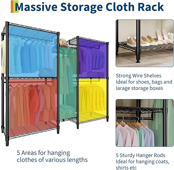 Freestanding Heavy Duty Garment Rack with Adjustable Shelves and Hanging Rods, Large 1870 Lbs Capacity Portable Closet Organizer for Bedroom or Cloakroom Storage, Black