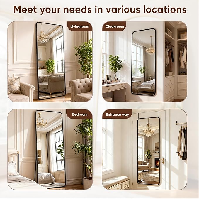 Antok 49''x 15''Full Length Mirror Over Door, 4-in-1 Standing Leaning Wall Mounted, Adjustable Hanging Mirror for Bedroom Living Room, Black, Rounded Corner
