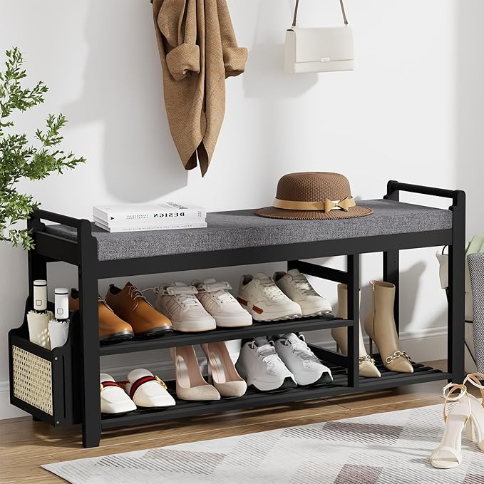 Homaxy 2-Tier Shoe Rack Bench with Side Holder, 39.4 in Bamboo Entryway Bench, Shoe Rack Organizer with Cushion for Front Entrance, Hallway Living Room Bedroom, Black and Dark Grey