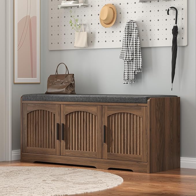 39.4" Shoe Storage Bench with Seating Cushion, Fluted 2-Tier Entryway Bench with 3 Doors & Adjustable Shelves, Shoe Cabinet Bench for Entryway, Hallway, Bedroom and Living Room (Walnut)