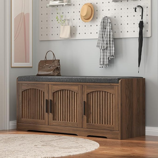 39.4" Shoe Storage Bench with Seating Cushion, Fluted 2-Tier Entryway Bench with 3 Doors & Adjustable Shelves, Shoe Cabinet Bench for Entryway, Hallway, Bedroom and Living Room (Walnut)