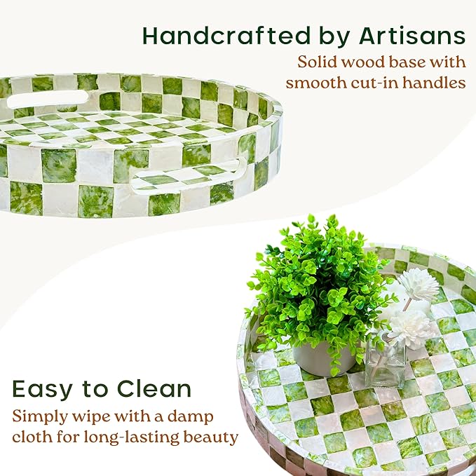 CHI AN HOME 12.6" Round Decorative Tray with Handles, Checkered Capiz Mother of Pearl Serving Tray for Coffee Table, Kitchen Counter, or Bathroom (Pistachio Green and White)