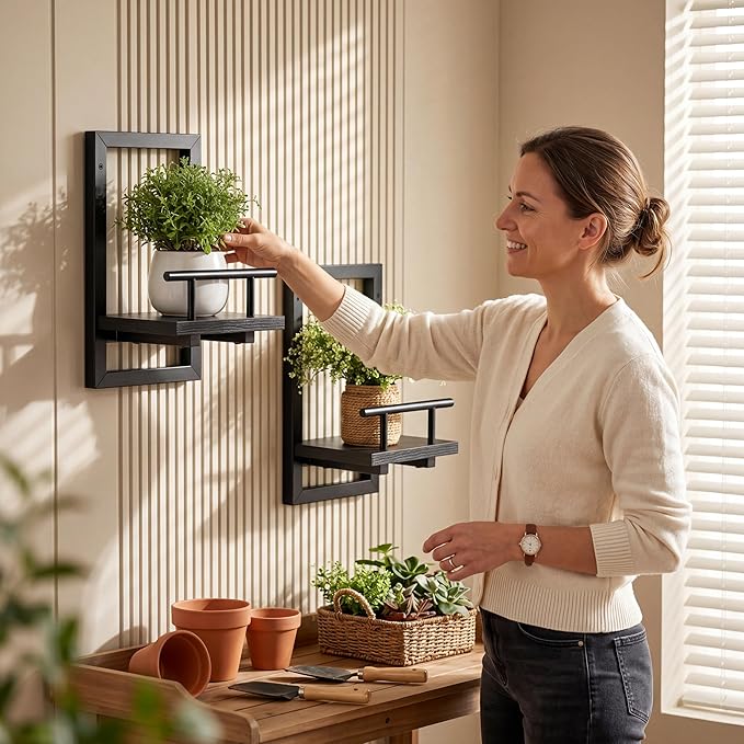 Sbosbo Floating Shelves for Wall, Plant Shelf Indoor, Wall Planters for Indoor Floating Plant Shelves for Bedroom, Living Room, Kitchen, Office, Bathroom Decor (Black, 3 Pack)