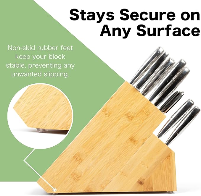 Shenzhen Knives 20 Slot Universal Knife Block: X-Large Bamboo Finish Wood Knife Block without Knives Countertop Butcher Block Knife Holder and Organizer with Wide Slots for Easy Kitchen Knife Storage