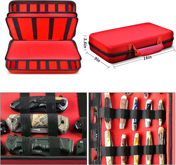 GWCASE Knife Display Case for 66+ Pocket Knives. Folding Holder, Butterfly Storage Organizer, Roll Collection Pouch for Survival Tactical Outdoor - Red