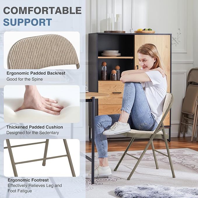 DUMOS 4 Pack Folding Chairs with Padded Cushion and Back - Fabric Stackable Portable Dining Chairs Set, for Home and Office, Conference, Wedding, Party, Patio, Garden, for Indoor Outdoor, Khaki