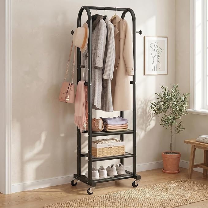 Dttwacoyh Narrow Hall Tree for Small Space, Small Coat Rack with Shoe Shelves, Tall Free Standing Metal Garment Rack on Wheels and Hanging Hooks for Entryway, Mud Room, Laundry Room – Black