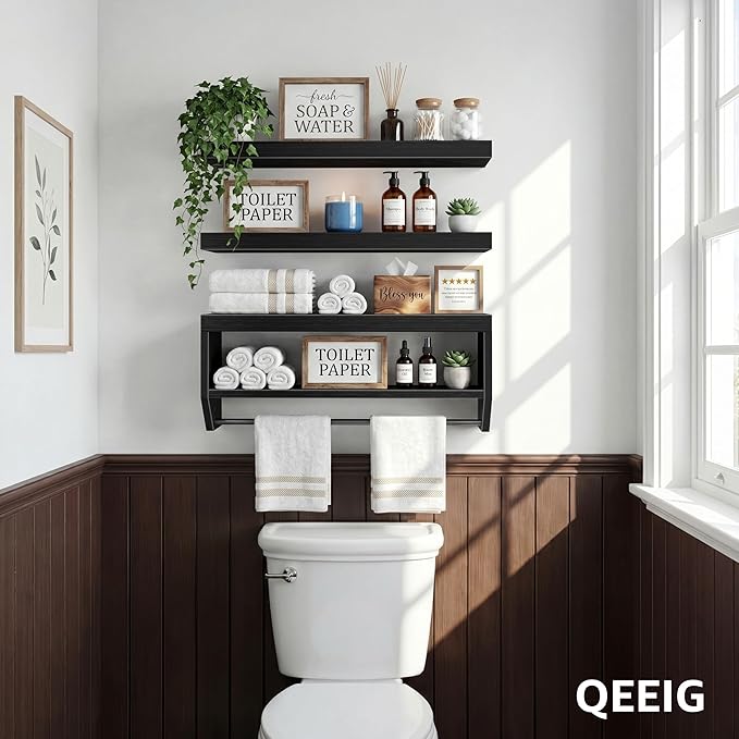 QEEIG Bathroom Floating Shelves for Wall - Shelf Over Toilet Paper Storage Farmhouse 24 inch Set of 3, Black (028-60B3)