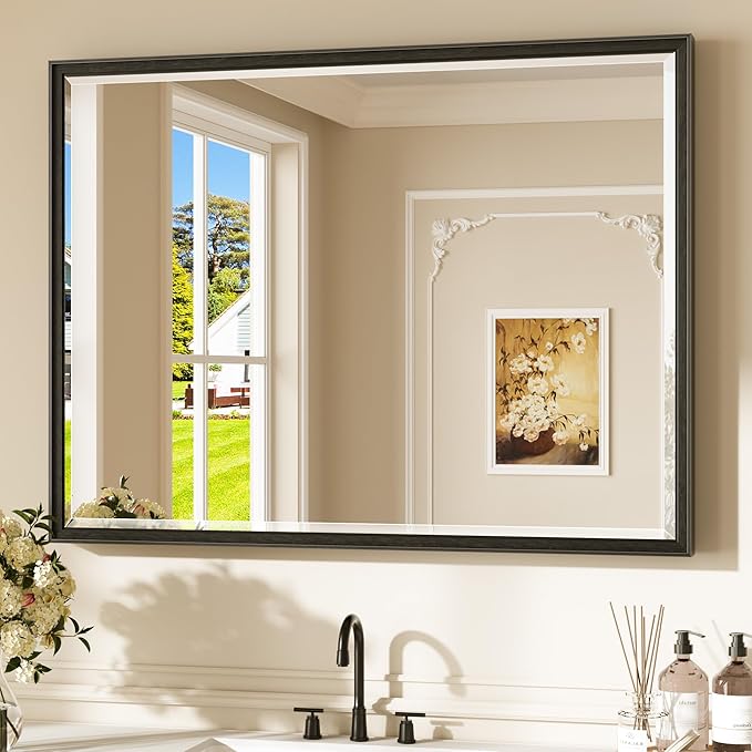Keonjinn Black Framed Mirror 40" x 30", Black Bathroom Vanity Mirrors with Beveled Edge, Decorative Aluminum Alloy Frame, Shatterproof, Modern Farmhouse Bathroom Wall Mirror(Vertical/Horizontal)