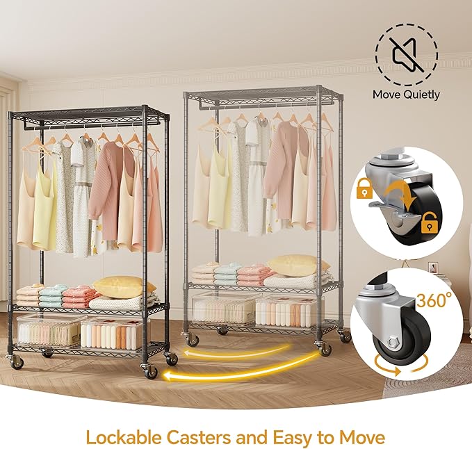 Higeego H4 Heavy Duty Clothes Rack with Cover, Rolling Garment Rack on Wheels, Portable Closet for Hanging Clothes, Black Clothing Rack with Grey Cover, Max Load 380LBS