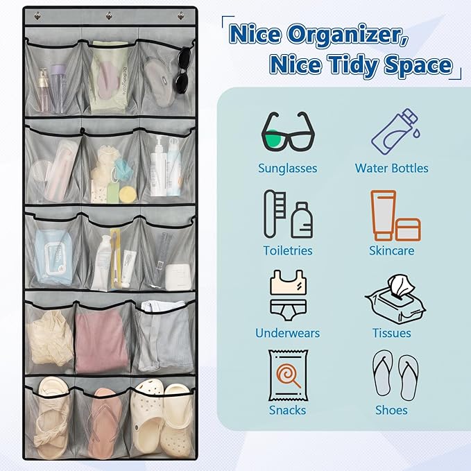 Over The Door Cruise Ship Organizer - Cruise Ship Magnetic Door Organizer with 15 Size-Graded Pockets, Hanging Magnetic Cruise Storage Shoe Rack for Cabin, 2026 Cruise Essential, 9 Hooks(Grey)