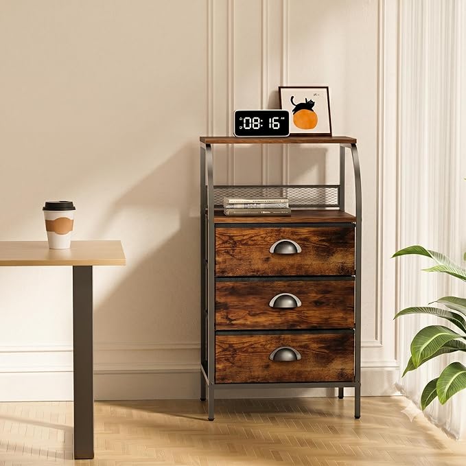 Nightstand with 3 Drawers, Bedside Table with 2-Tier Storage Shelf, Fabric Small Dresser Organizer, End Table Side Table, Living Room, Closet, Sturdy Steel Frame, Wood Top, Rustic Brown