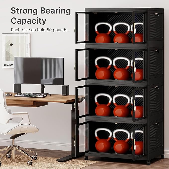 UAMFURI Stackable Storage Bins with Lids, Clear Doors, Large Storage Cabinet Foldable Collapsible Closet Organizers for Bedroom Dorm Office (4, Black, 160, Quarts)