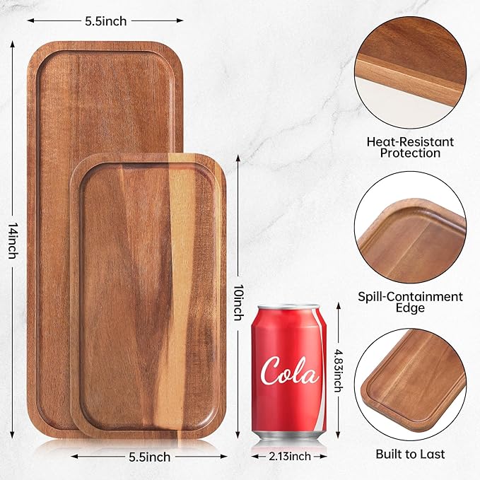 Small Solid Acacia Wood Serving Trays and Platters - Wooden Mini Charcuterie Boards, Rectangle Cheese Board for Food, Bathroom, Home Decor, Kitchen Counter, (14" x 5.5", 1 Pack)