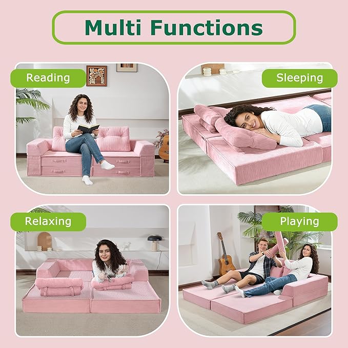 Folding Sofa Bed, 4 in 1 Convertible Sleeper Chair with Pillow, Loveseat Memory Foam Fold Out Chair Bed, Modern Floor Futon Sofa Couch Mattress for Living Room/Guest/Apartment, Pink