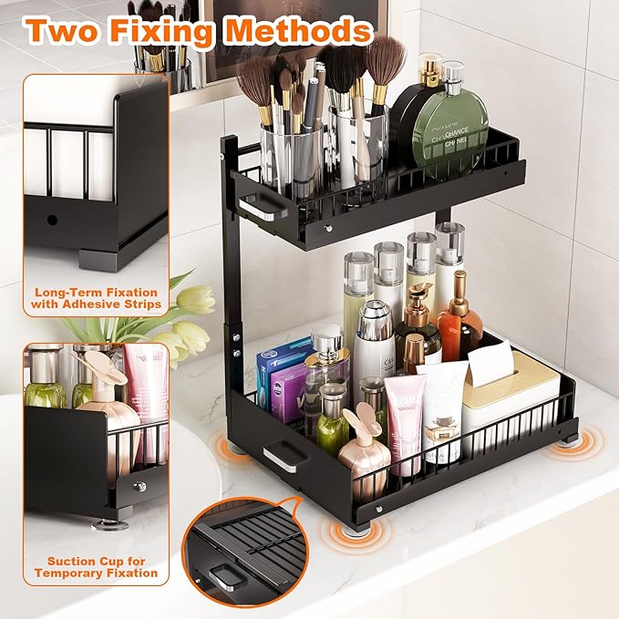 2 Pack Under Sink Organizer, 2 Tier Slide Out Cabinet Organizer with Pulley, Height Adjustable Pull Out Shelf for Kitchen, Bathroom, Laundry and Utility Storage, Black