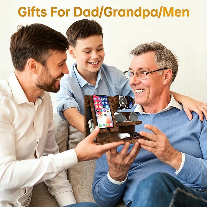 Gifts for Men Wood Phone Docking Station Birthday Gift for Men Valentines Day Gifts Father Gift for Him Boyfriend Nightstand Organizer Desktop Phone Stand