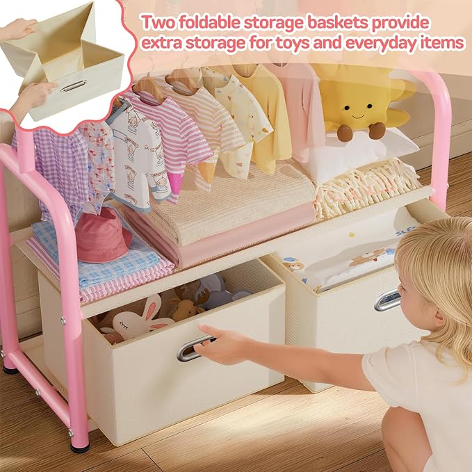 Kids Dress Up Rack Small Baby Closet Organizer for Hanging Clothes Kids Clothes Rack with 2 Tier Storage Racks and 2 Adjustable Hanging Poles (Upgrad, Pink)