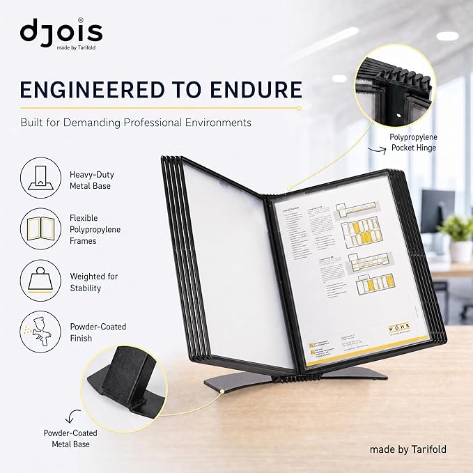 Tarifold Desktop Document Display Stand & Reference Organizer, 10 Double-Sided Polypropylene Pockets, 20 Sheet Capacity, Easy-Load Design, Letter Size, Made in Denmark, Black