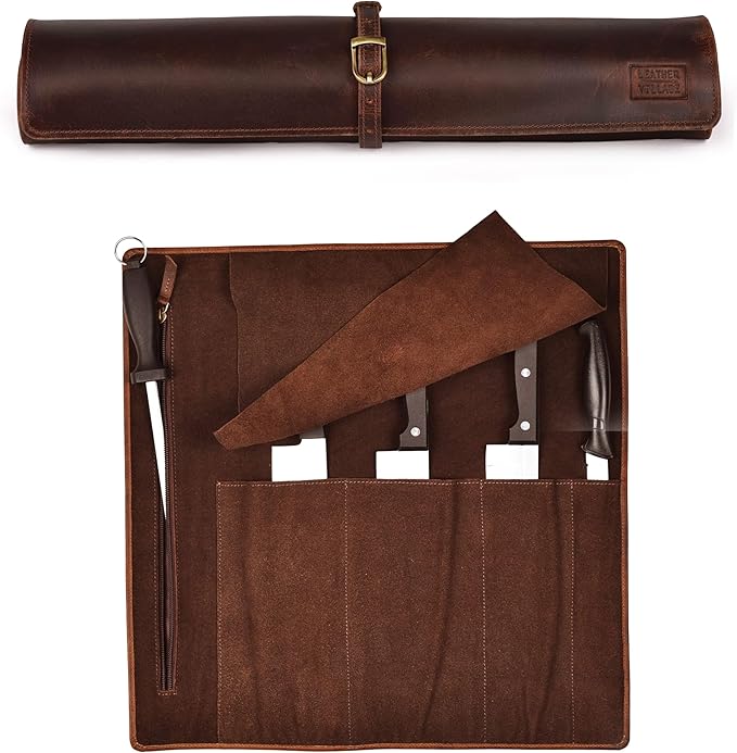 LEATHER VILLAGE Genuine Leather Knife Roll Bag – Professional Chef Carrying Case, Durable Sheath Holder, Cooks & Culinary Tools Organizer, Portable Travel Storage with 4 Slots & Zipper - Cherry