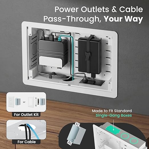 ynVISION.DESIGN 9" Recessed in-Wall Media Box for TV – Flush Wall AV Enclosure with Adjustable Shelf, Cable Straps & Vented Cover – Compatible with Apple TV, Roku & More - Pack of 3