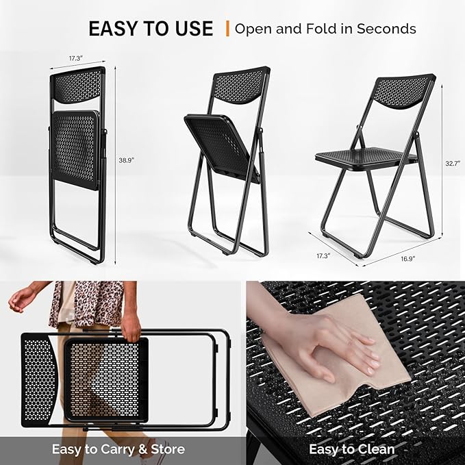 VINGLI Plastic Folding Chairs, Comfortable Foldable Chair with Breathable Mesh Seat and Sturdy Metal Frame 350lbs Capacity for Indoor and Outdoor Use, Party, Event, Office, Dining, Black, 4 Pack