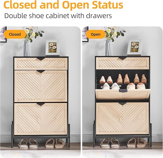 Shoe Cabinet Storage with 2 Flip Drawers, Narrow Hidden Shoes Organizer Cabinet for Entryway, Freestanding Slim Shoe Rack Front Door Entrance(Oak&Black)