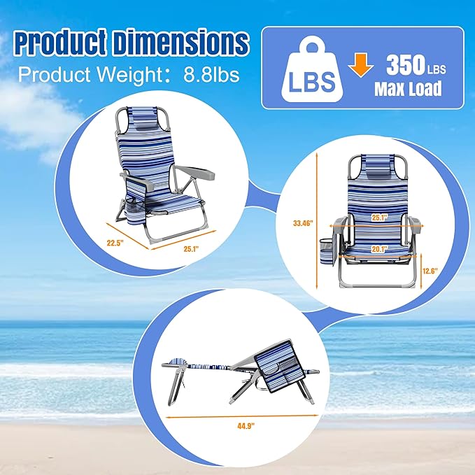 DIAMONDFORGE Lightweight Portable Beach Chair for Adults, 350 LBS Capacity Backpack Beach Chair, Reclining Beach Chair with 5-Position Lay Flat, Large Cup Holder for Beach Camping Sports, 1 Pack Blue