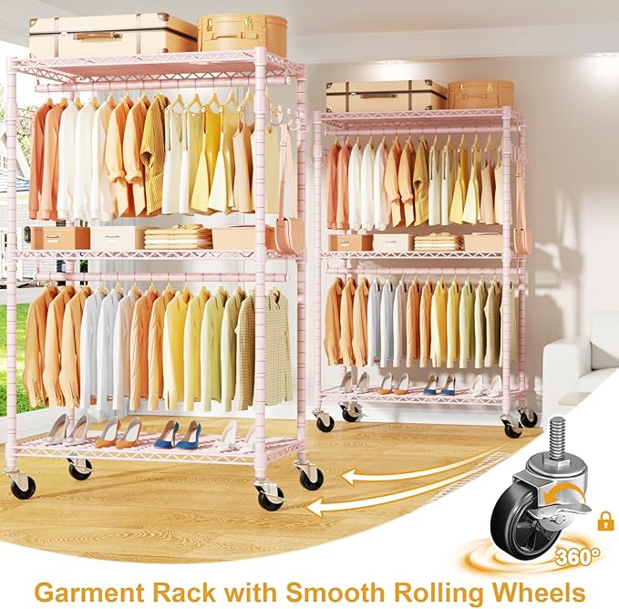 ULIFHOME P1 Rolling Closets with Wheels and Shelves, Portable Closet Wardrobe for Clothes Hanging, Pink Clothing Storage and Organizer System for Bedroom, 35.5" W x 15.7" D x 80.5" H, Hold 500lbs
