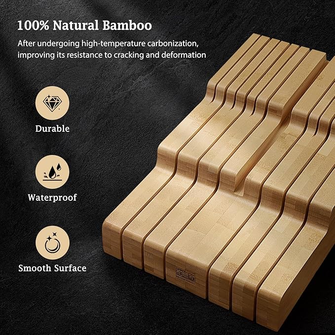 HOSHANHO In-Drawer Knife Block, Large Bamboo Knife Drawer Organizer for 12 Knives, Kitchen Steak Knife Holder for Sharpening Steel, Natural (Knives & Sharpening Not Included)