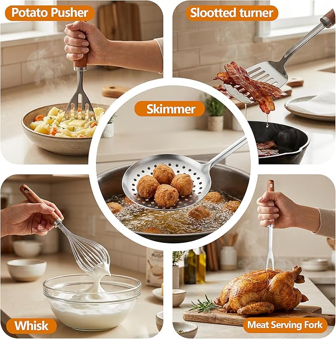 9PCS Stainless Steel Kitchen Utensils Set, Heavy Duty Wooden Handle Cooking Utensils, Metal Cookware Utensils with Spatula, Ladle, Skimmer, Spaghetti Spoon and Potato Masher, Easy to Clean